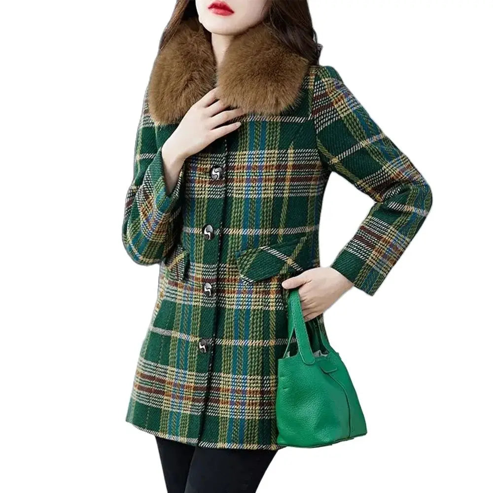 Plaid Wool Women's Temperament Fur Detachable Turn-Down Collar Button-Up Pea Coat to 5X Plus Size