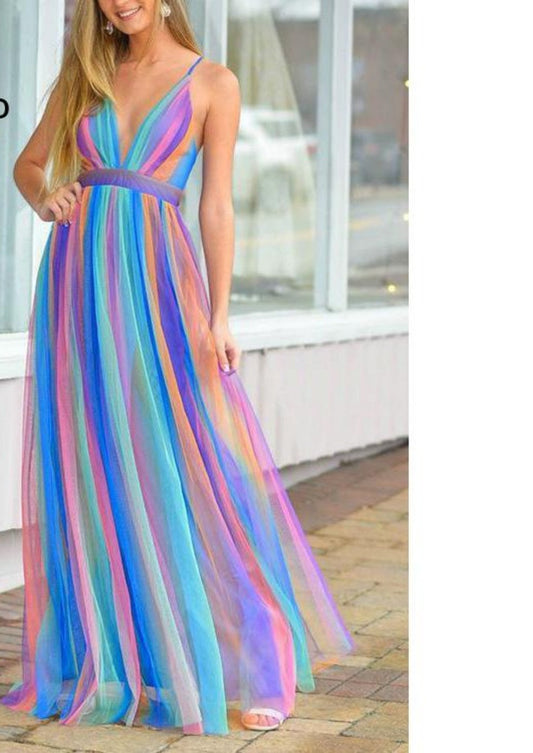 Chiffon Rainbow Colorblock Striped Mesh Spaghetti Strap V-Neck Maxi Dress