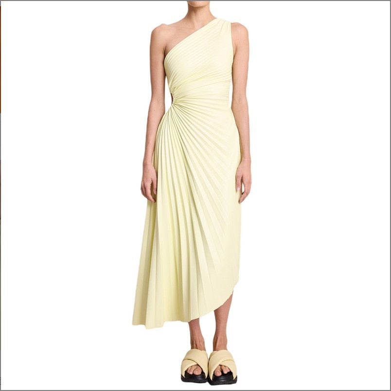 Irregular One Shoulder Strap Pleated Hollow Out Dress