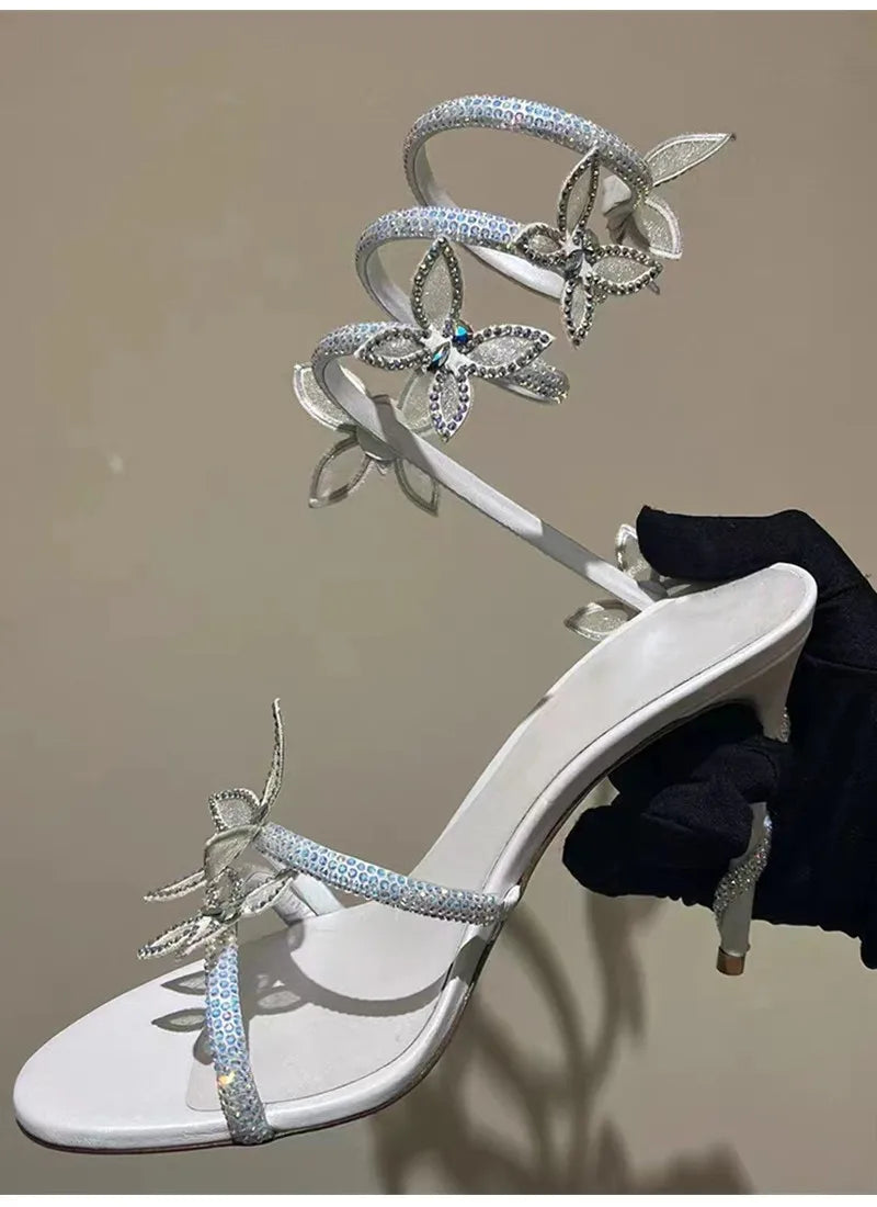Crystal Butterfly Embellished Detail Spiral Coiled Band Strap High Heel Gladiator Sandal Pumps