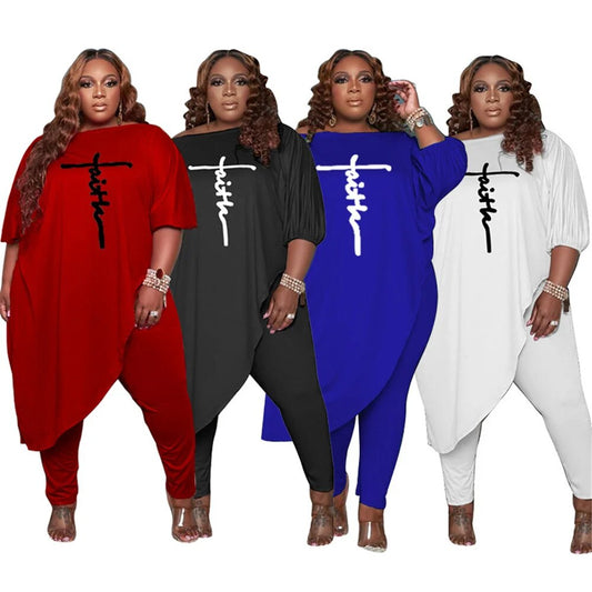 "Faith" Oversized Mid-Sleeve Plus Size Slanted Shoulder Embroidered Maxi Shirt + Leggings Matching 2-Piece Set to 5X