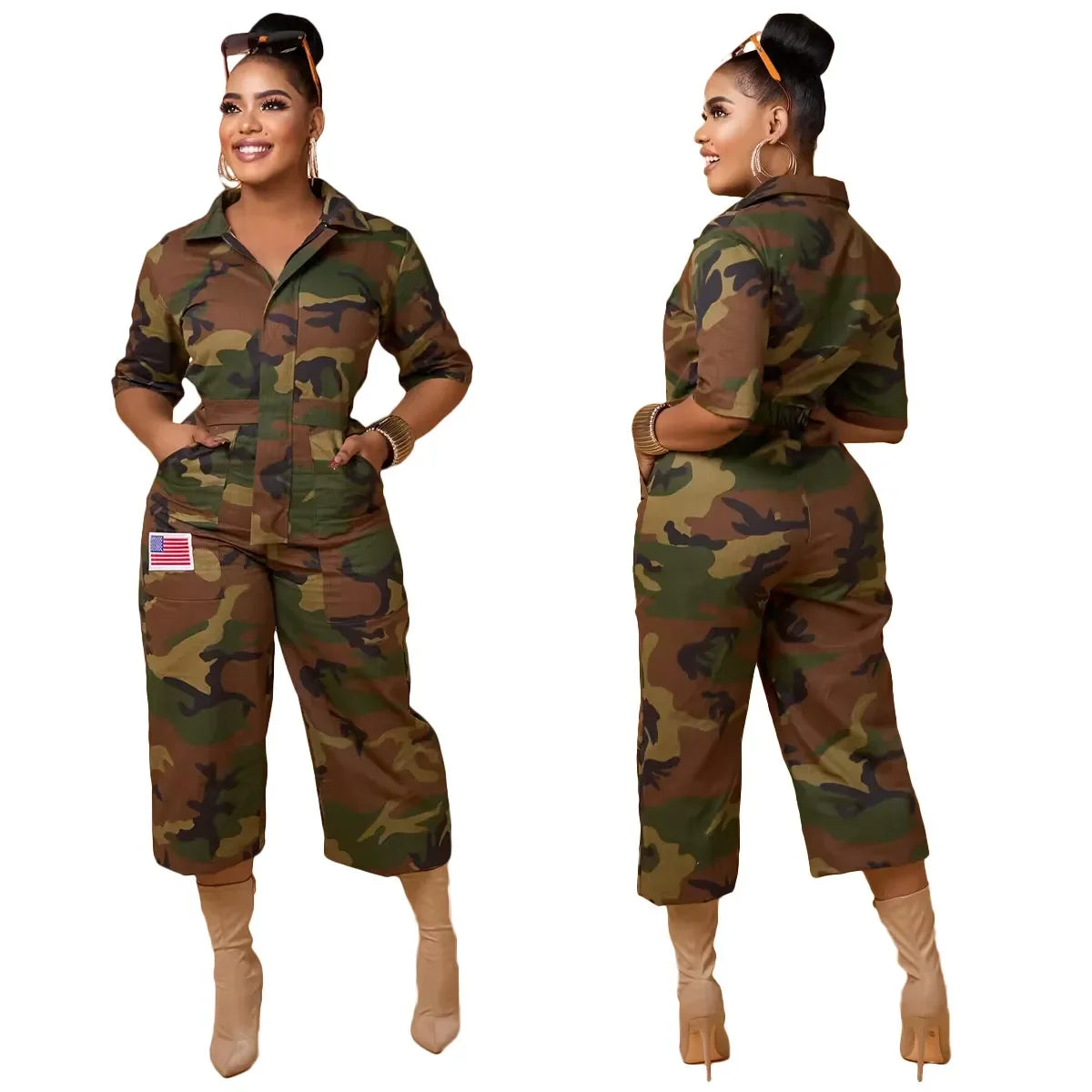 Camoflauge Print Ladies Streetwear Denim Jean Capri Length Wide Leg Cargo Pocketed Jumpsuit