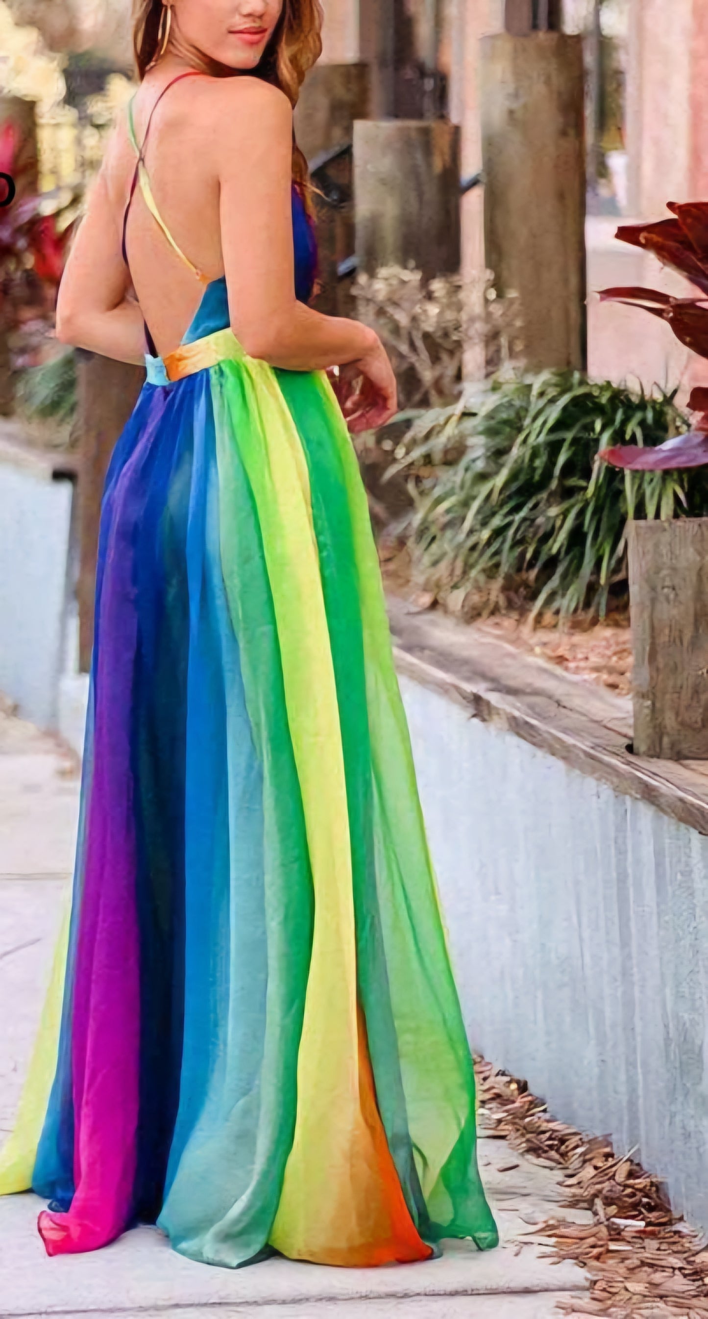 Chiffon Rainbow Colorblock Striped Mesh Spaghetti Strap V-Neck Maxi Dress