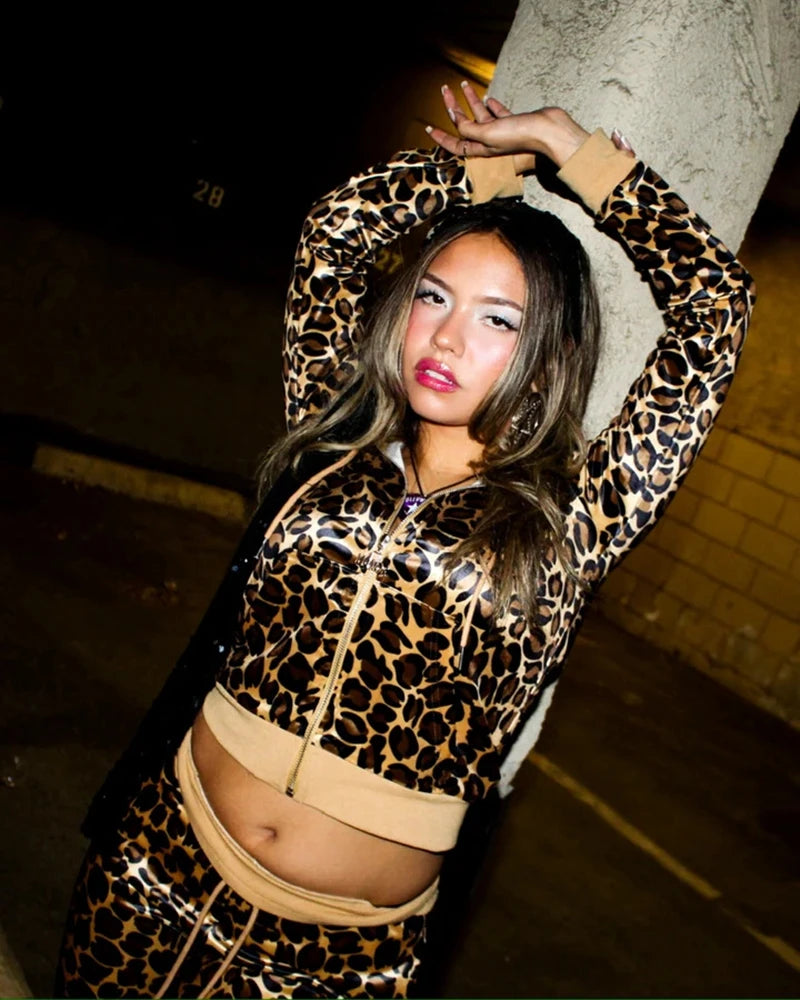 Shiny Leopard Print Women's Zipper Hoodie Sports Jacket + Shorts/Jogger Sweatpants Tracksuit