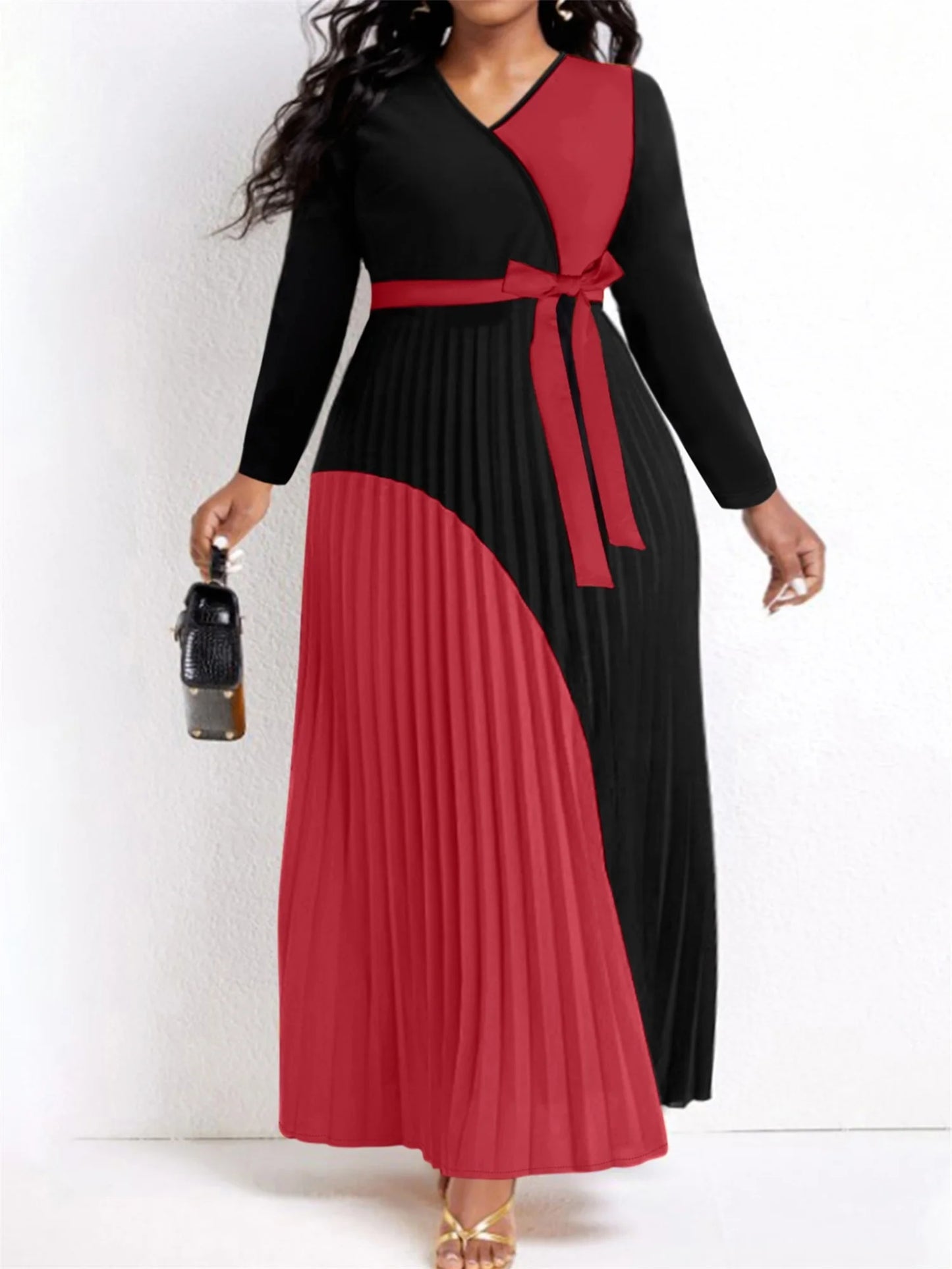 Colorblock Pleated Bandage Tiered Belted Long Sleeve V-Neck Sash Belt Maxi Dress to 5X Plus Size