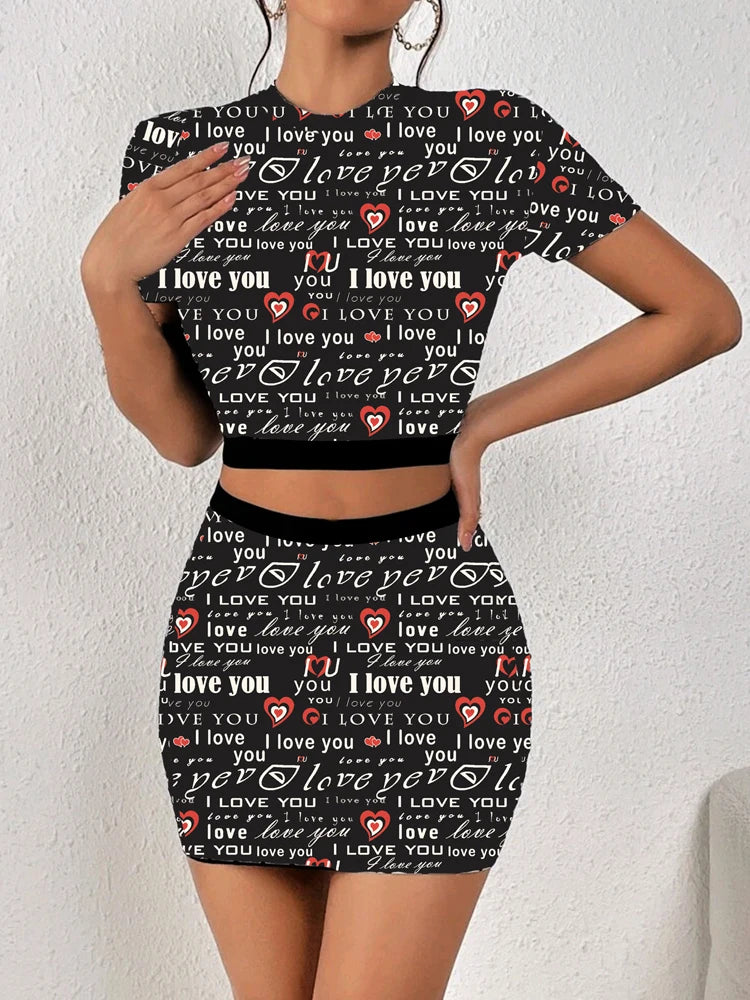 Houndstooth/Plaid Checker/Letter Print Short Sleeve Crop Top + Elastic Waist Mini Skirt 2-Piece Set