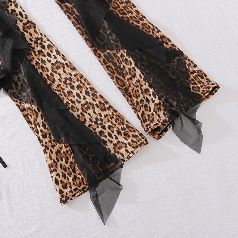 Sexy Leopard Print Mesh Transparent Ruffled Bikini Top, Bikini Bottoms, Tassel Fringe Leggings Women's 3-Piece Swimwear Set