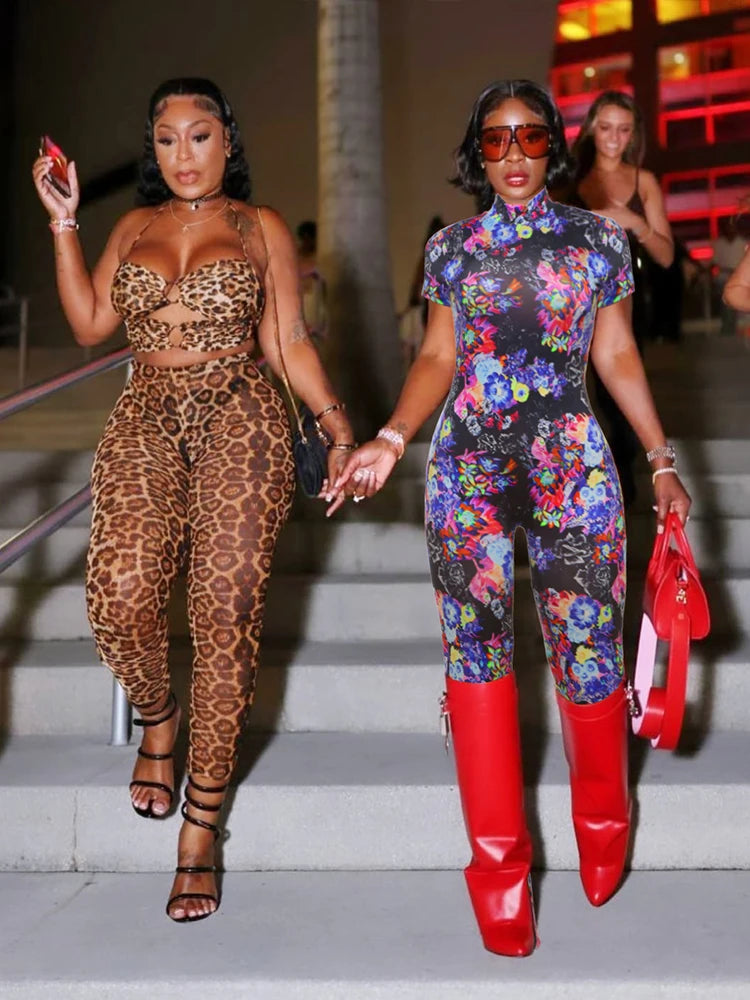 Backless Floral/Geometric/Leopard Print Women’s Fitness Short Sleeve Skinny Jumpsuit