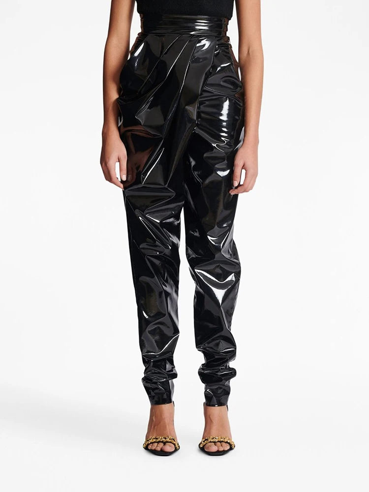 Shiny Patent Leather Wrapped Women's High Waist Faux Latex Harem Pants
