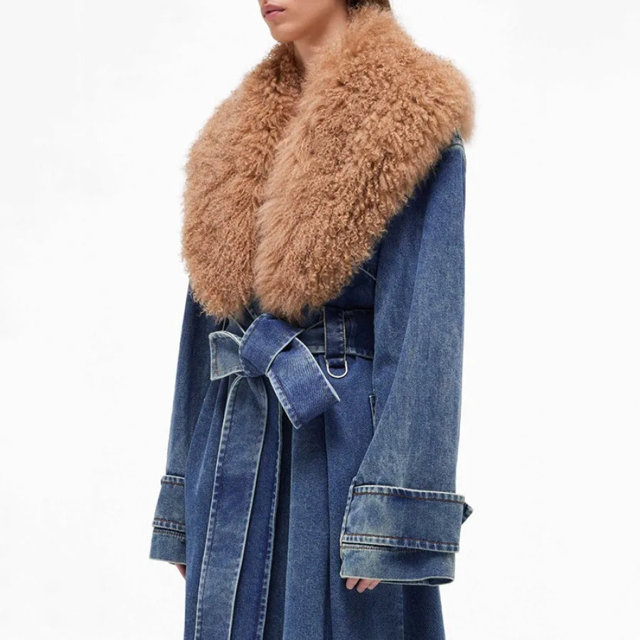 Women Denim Trench Coat Long Jacket Windbreaker Detachable Fur Collar Lace Up Outerwear Washed High Street Autumn Winter 2025