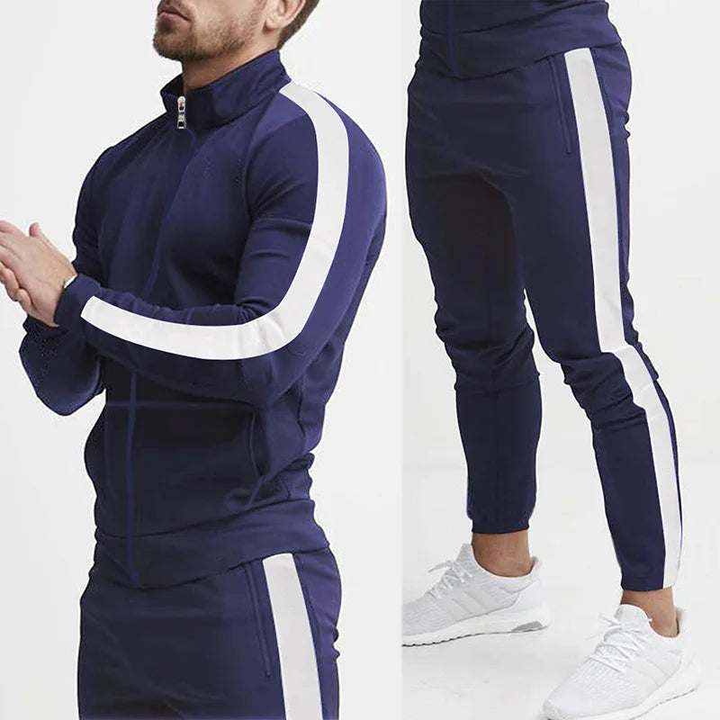Men's Striped Mandarin Collar Fitness Zipper Jacket + Skinny Side Striped Jogger Sweatpants Tracksuit