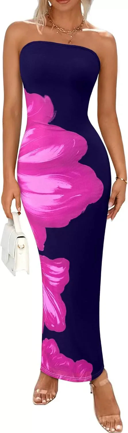 Sleeveless Big Flower Print Bodycon Skinny Maxi Tube Dress