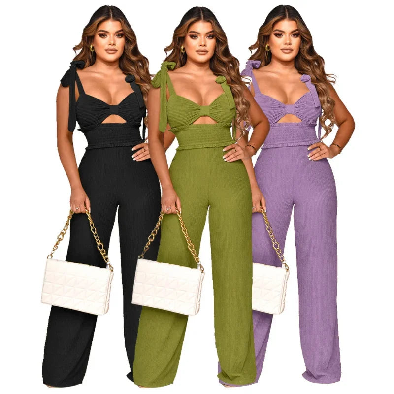 Bowknot Strap Temperament Open Back Cut-Out Pleated Solid Jumpsuit