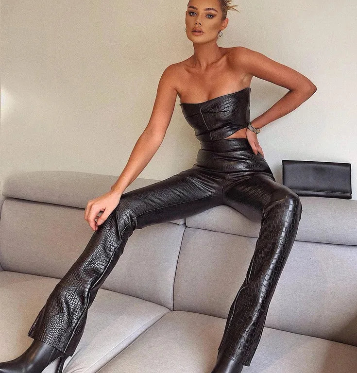 Black PU Leather Croc Pattern Embossed Crop Tube Top + Pants Women's 2-Piece Set