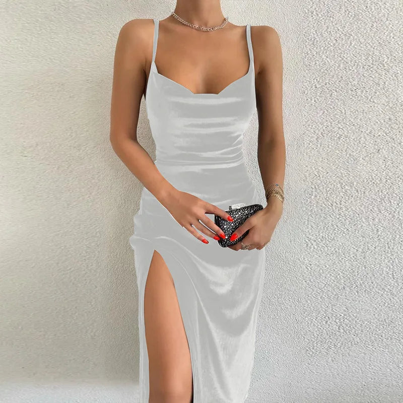 Velvet Solid Halter Tank High Slit Formal Party/Prom Dress