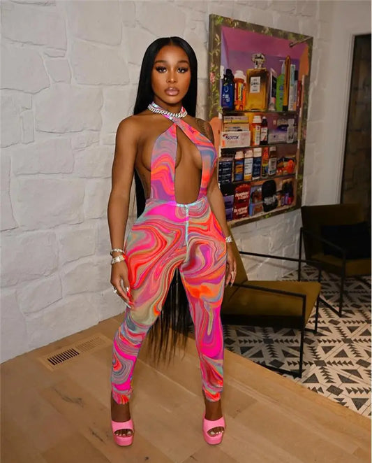 Swirl Print Mesh Sheer Transparent Sleeveless Women's Sexy Hollow-Out Backless Skin Tight Jumpsuit