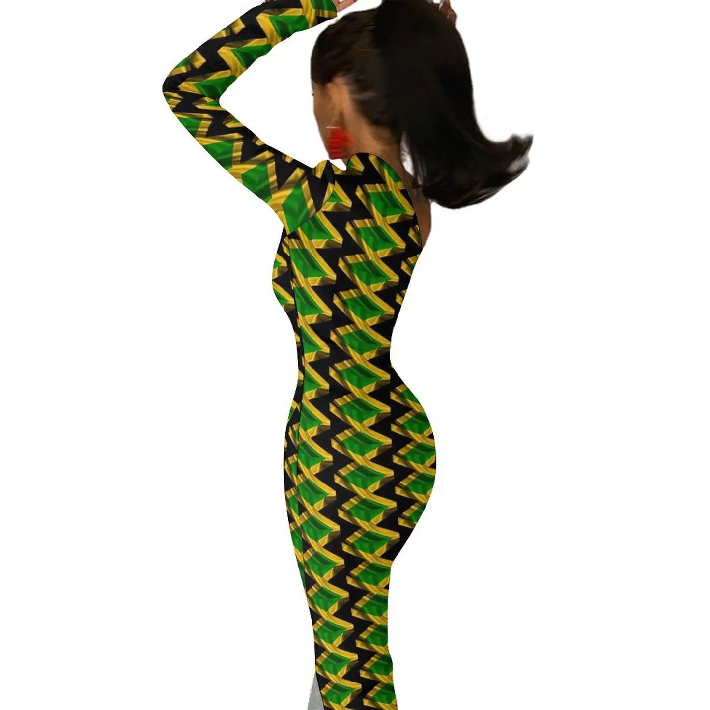 Jamaica Flag Colors Striped/Geometric/Camoflauge High Side Slit One Sleeve Streetwear Bodycon Maxi Dress