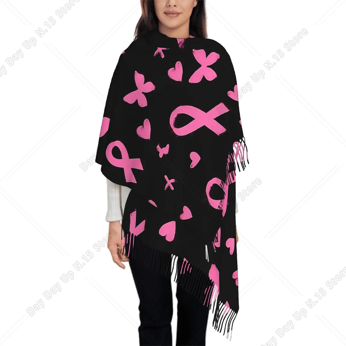 Oversized Heart Breast Cancer Awareness Pink Ribbon Print Tassel Fringe Shawl Scarf