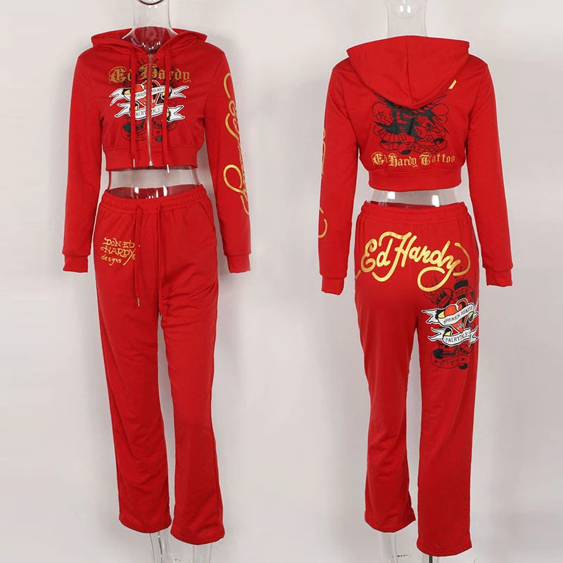 "Ed Hardy" Print Crop Zipper Hoodie Jacket + Drawstring Sweatpants Women's Tracksuit