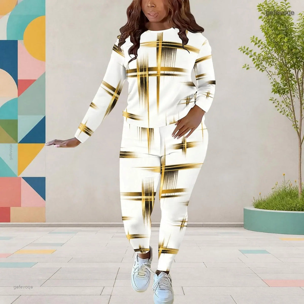 Wavy Swirl  Geometric Striped Abstract Printed O-Neck Long Sleeve Women's Top + Harem Pants 2-Piece Pants Set