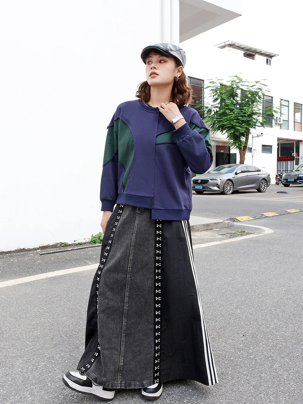 240939 European American Personalized Buttons Woman A-E Skirt Loose Plus Size Patchwork Denim Long Skirts Faldas Mujer Saias