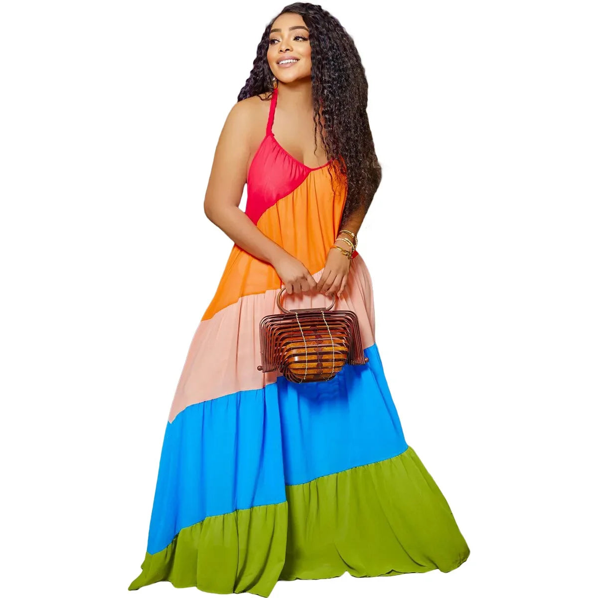 Rainbow Colorblock Bohemian Sleeveless Backless Halter Ruffled Hem Maxi Swing Dress