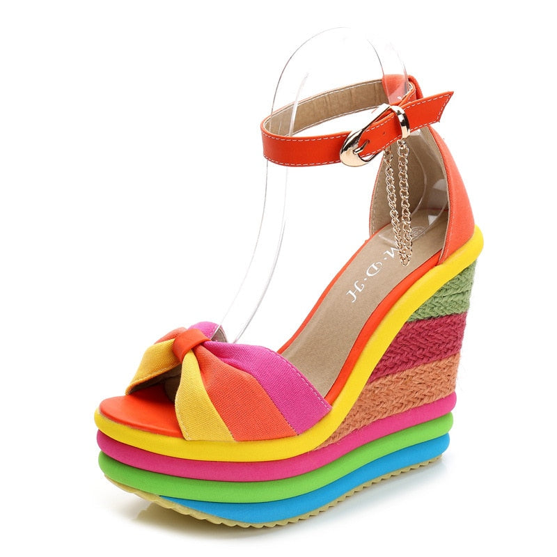 Rainbow Striped Peep Toe Platform Bowknot Hemp Bottom Buckle Ankle Strap Wedge Sandals