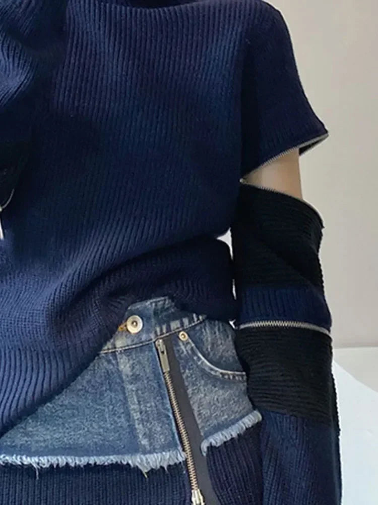 Turtleneck Zipper Detail Patchwork Navy Hollow-Out Long Sleeve Sweater + Denim Colorblock Zipper Skirt 2-Piece Set