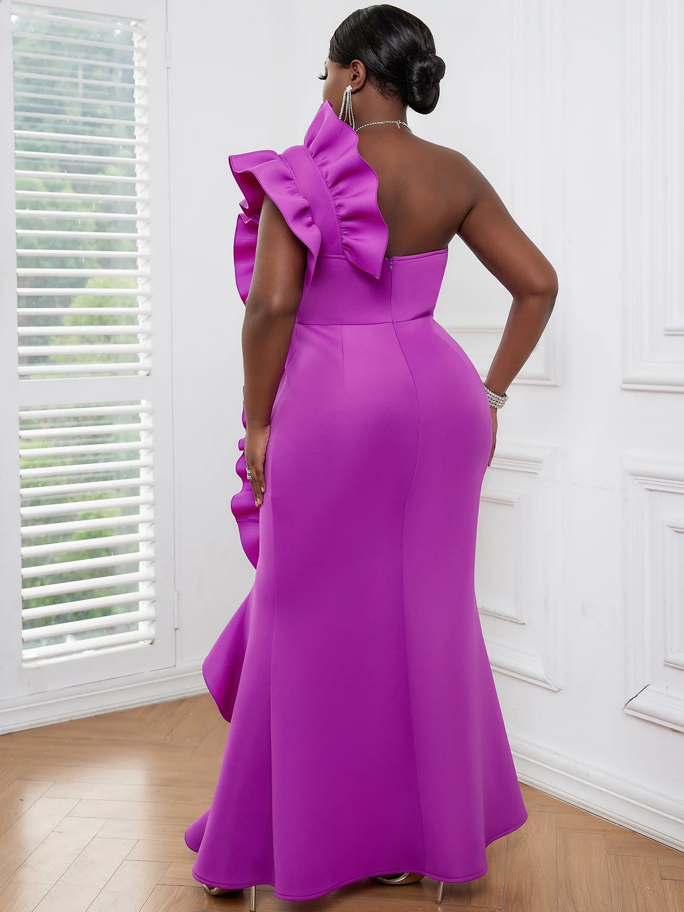 Purple Formal One Shoulder Backless Ruffled Bodycon Fishtail Maxi Formal Dress to 4X