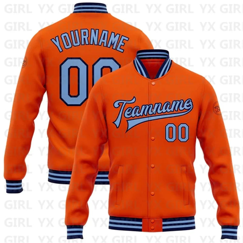 Customized Orange Navy-White Personalized Name Letter 3D Print Full-Snap Varsity Letterman's Baseball Button-Up Bomber Jacket