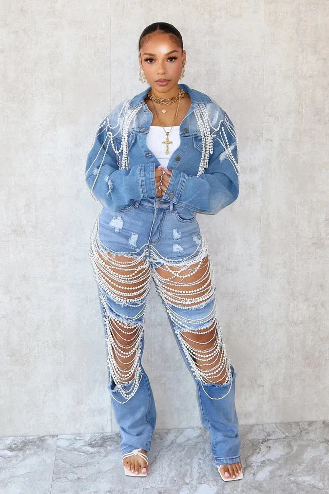 Denim Pearl Tassel Chain Embroidered Long Sleeve Women’s Turn-Down Collar Western Rodeo Jean Jacket OR Jeans-SOLD AS SEPERATES