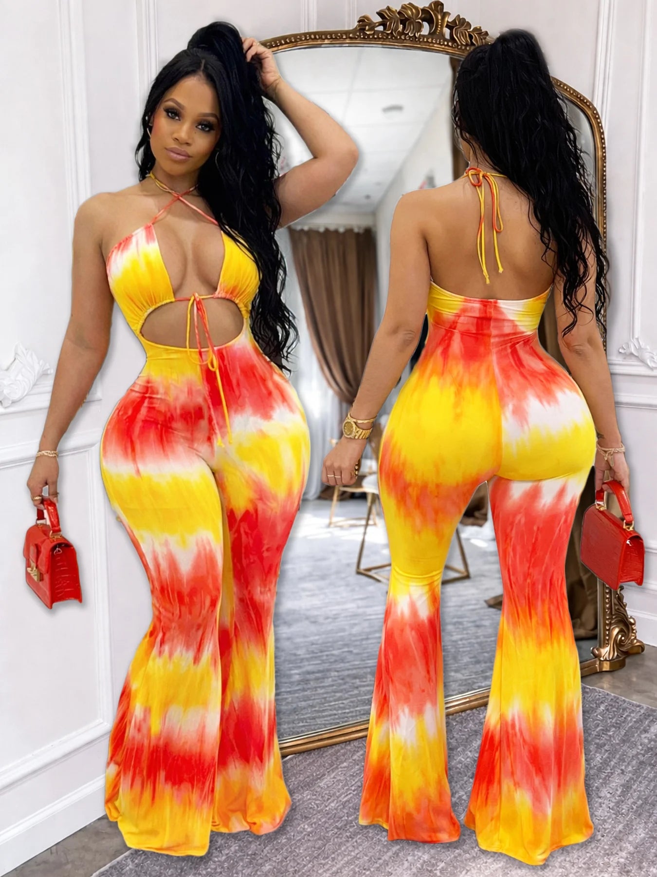 Tie-Dye Colorblock Print Sleeveless Hollow-Out Cami Top Lace-Up Women's Flared Leg Jumpsuit