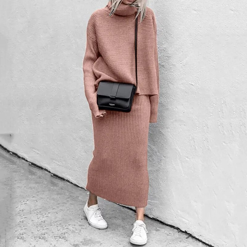 Solid Knitted High Neck Loose Sweater + Matching Knitted Maxi Skirt 2-Piece Set