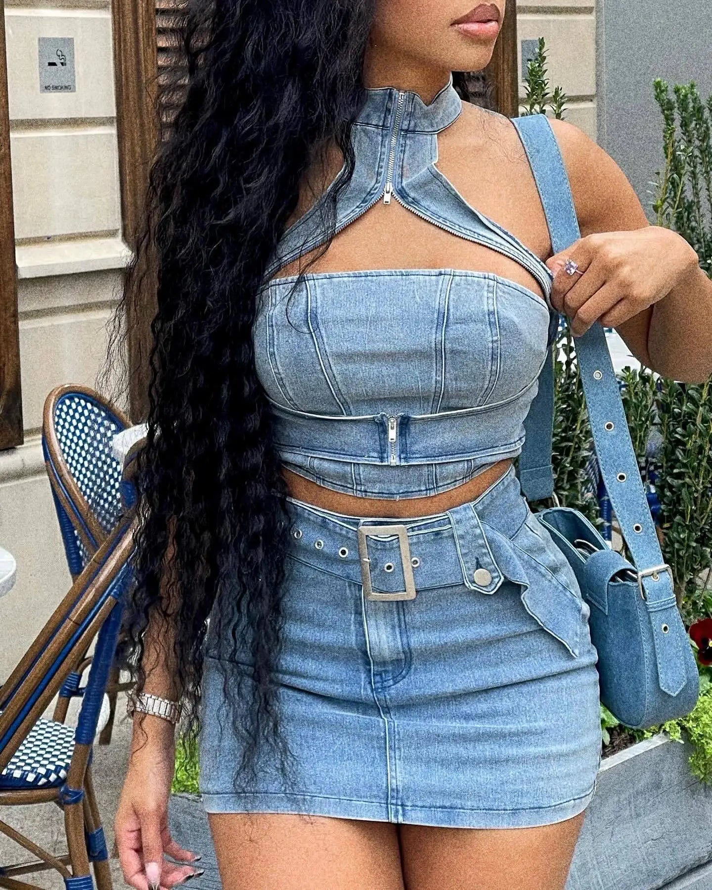 Denim Light Blue Washed Sleeveless Hollow-Out Zipper Neck Crop Cami Top + Belted Mini Jean Skirt Women's 2-Piece Set