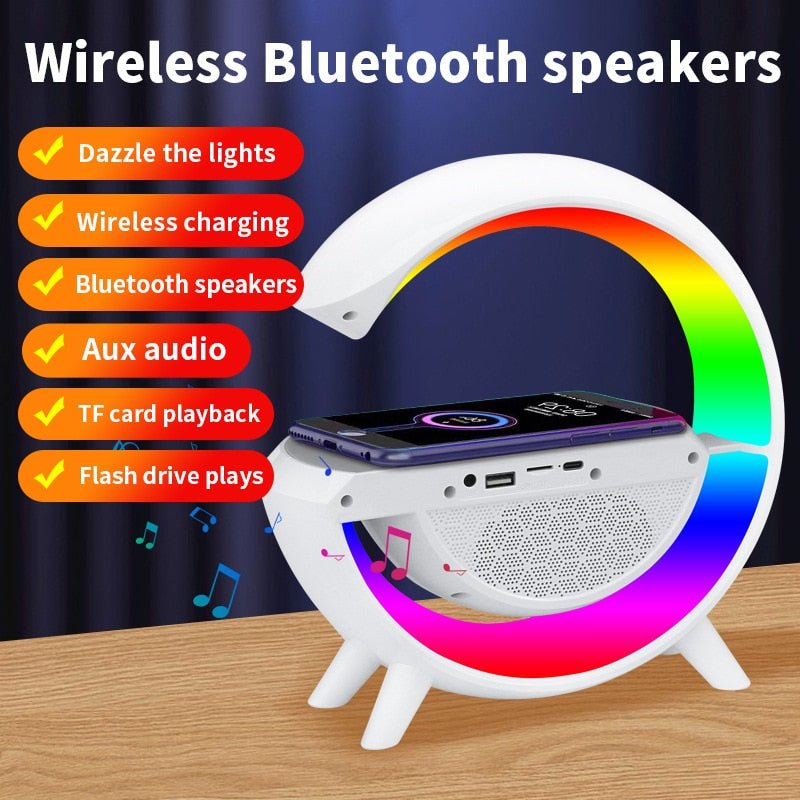 Smart APP LED RGB Night Light Atmosphere Desk Lamp Alarm Clock Speaker Wireless Charger