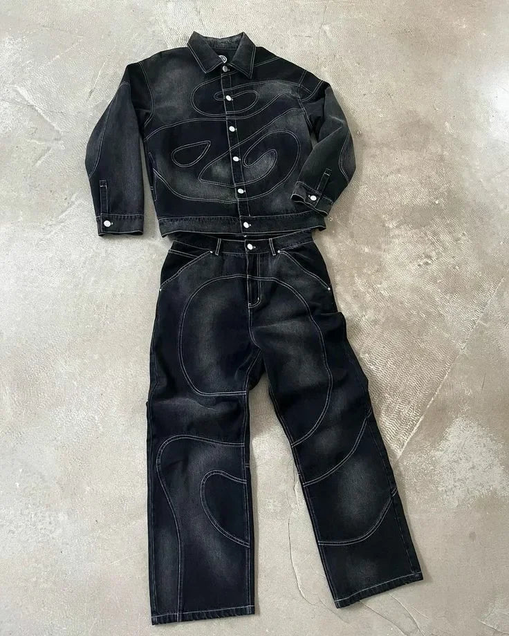 Men's Black Denim Embroidered Swirl Pattern Button-Up Turn-Down Collar Hoodie Jean Jacket + Hip-Hop Streetwear Jeans 2-Piece Set