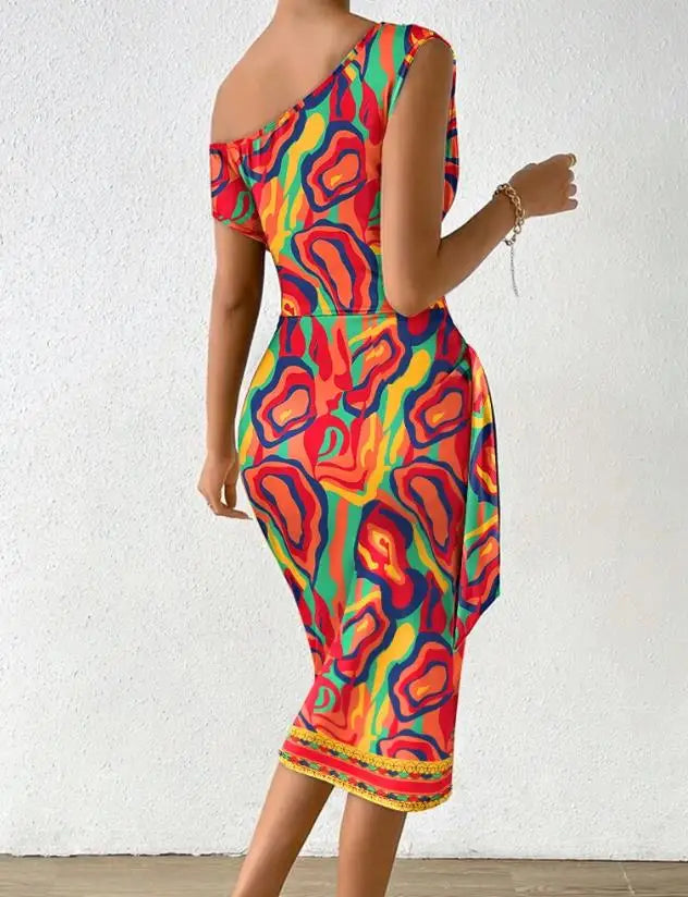 Rainbow Abstract Print Diagonal Collar Tied Detail Skew Neck Short Sleeve Slit Wrap Dress