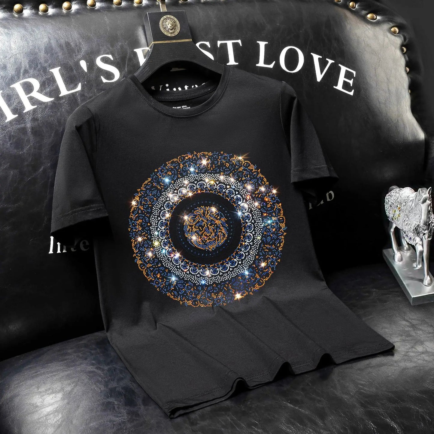 Lion Rhinestone Print Streetwear Modal Cotton O-Neck Short Sleeve Slim T-Shirts to 7X Big & Tall