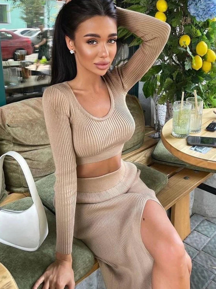 Knitted Y2K Solid Long Sleeve Pullover V-Neck Crop Sweater + High Slit Maxi Skirt 2-Piece Set