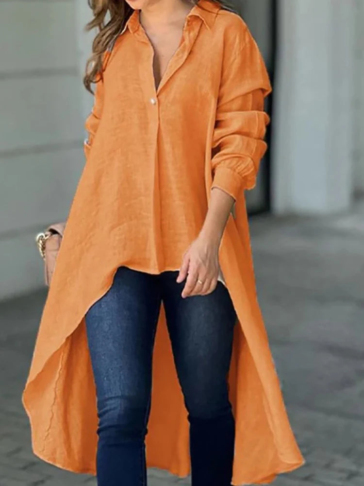 Long Sleeve Solid Turn-Down Collar  Patchwork Button-Up Maxi Blouse