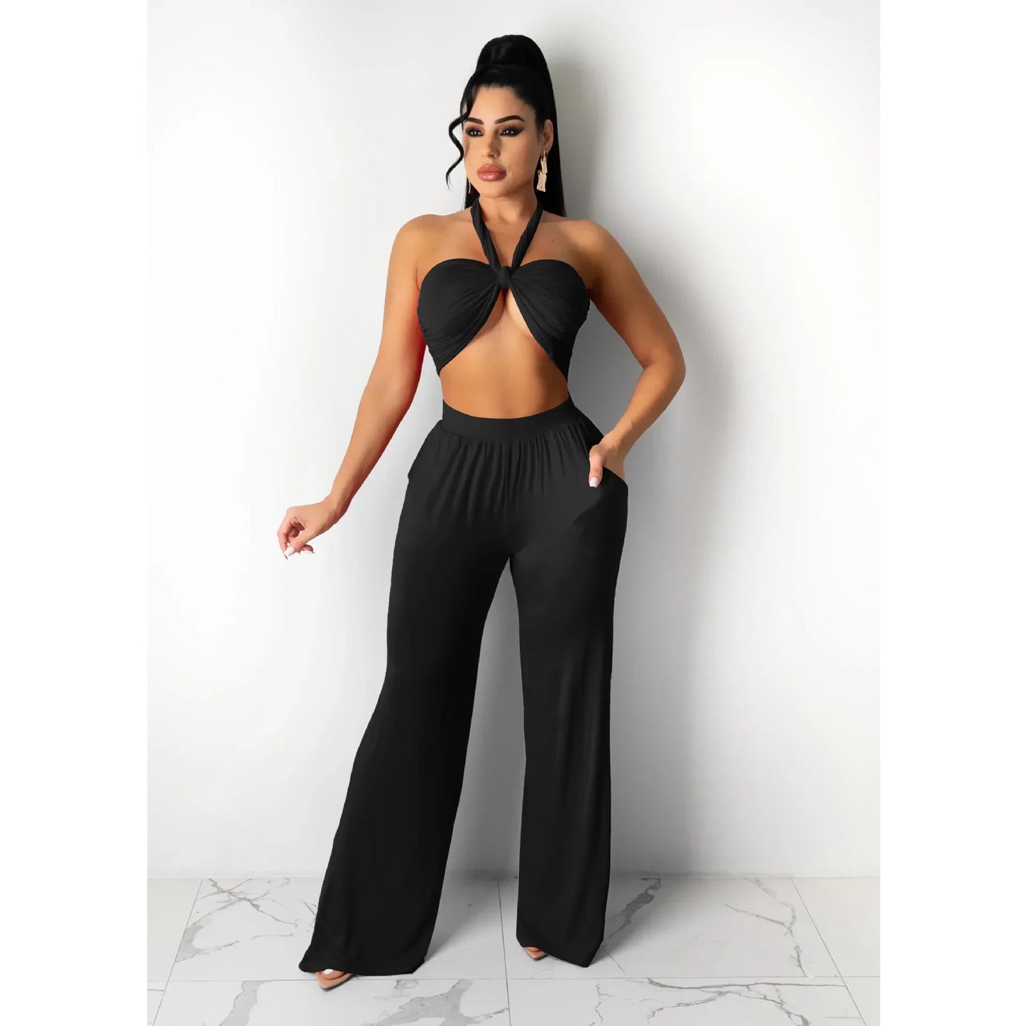 Strapless Hollow-Out  Hatler Neck Crop Top + Leggings Bodycon Solid Color Women's 2-Piece Set