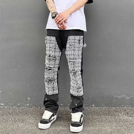 Men's Colorblock Streetwear Black Ripped Stacked Cargo Hip-Hop Jeans