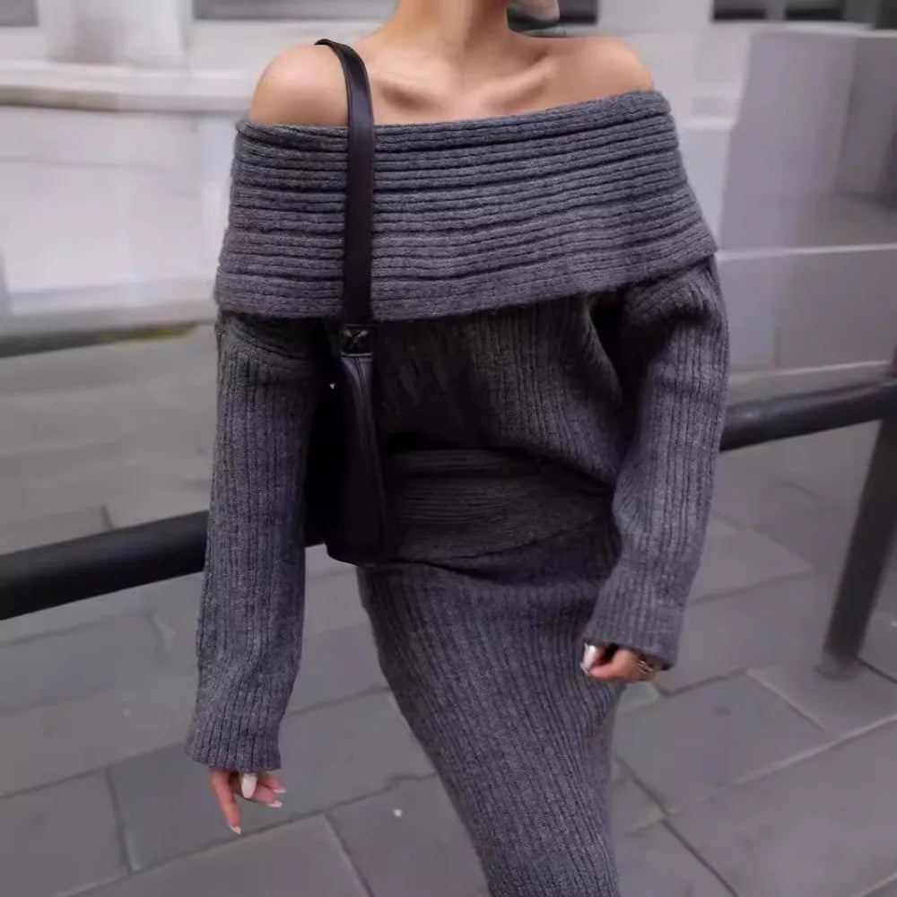 Off-the-Shoulder Women's Sweater + Solid Knitted Maxi Skirt Two-Piece Sweater Set