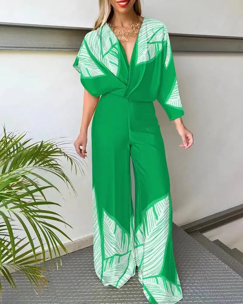 Plunge Neckline Satin Asymmetrical Sleeve Backless Wide Leg Jumpsuit