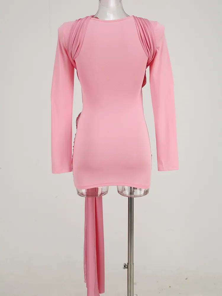 Pink Draped Long Sleeve O-Neck CrissCross Ring Mini Runway Dress