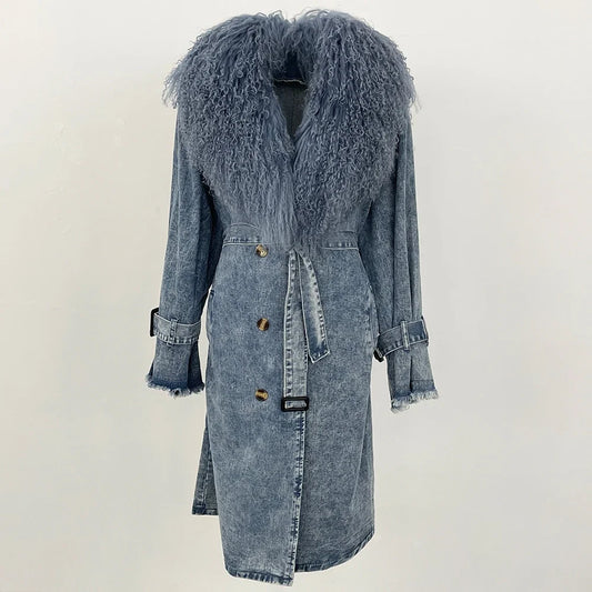 Denim Hip-Hop Button Design Shaggy Mongolian Fur Collar Double Breasted Women's Sash Belted Jean Trenchcoat