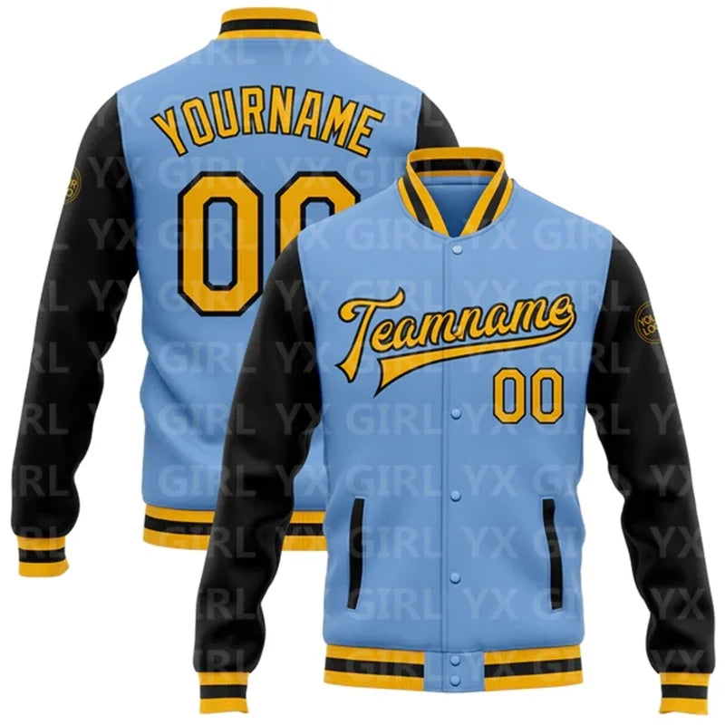 Customized Colorblock Personalized Light Blue w/ Pink/Black/Purple/Yellow 3D Letter Print Team Name Full-Snap Varsity Letterman Printed Baseball Button-Up Bomber Jacket