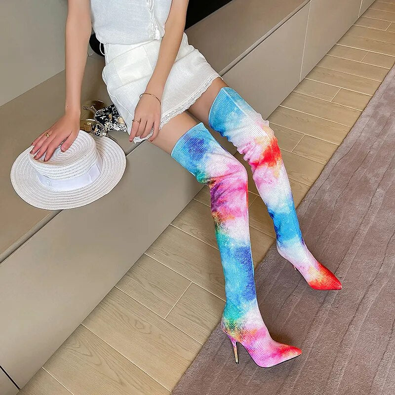 Ombre Rainbow Gradient Colorblock Tie-Dye Crystal Rhinestone Over-the-Knee Pointed Toe Stiletto Heel Boots