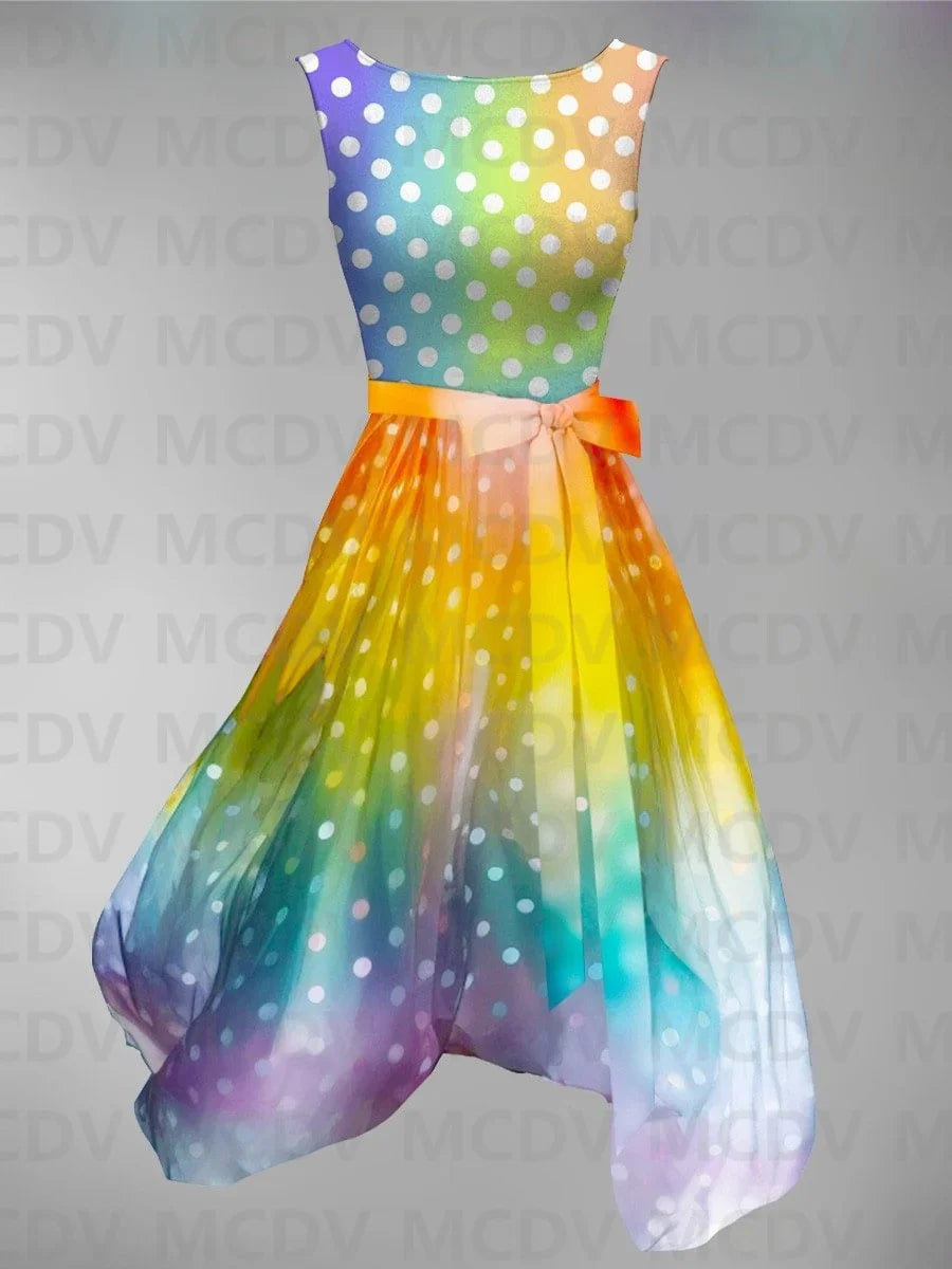 Rainbow Gradient/Plaid/Polka Dot/Striped Colorblock 3D Print Sleeveless O-Neck Swing Midi Dress to 3X Plus Size