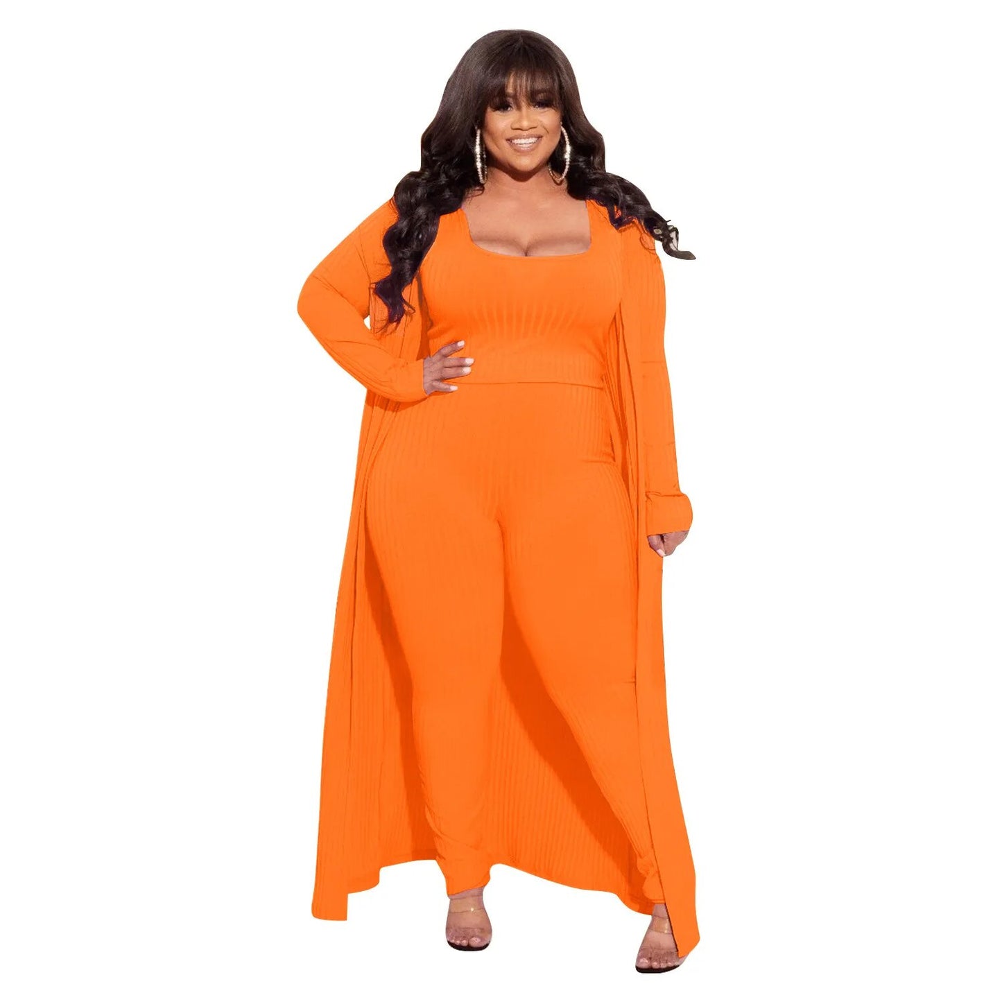 Plus Size Long Sleeves Cardigan + Matching Jumpsuit 2-Piece Set to 4X